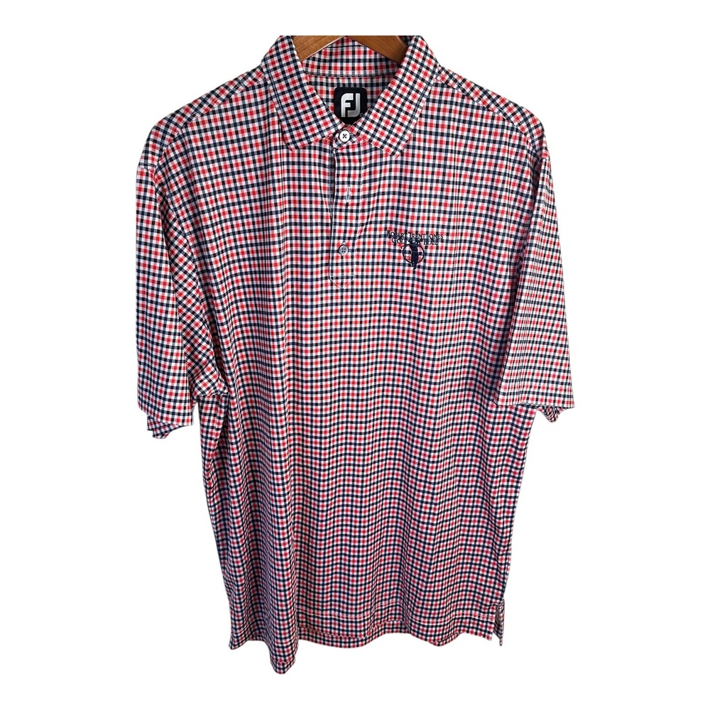 FootJoy Mens Plaid Golf Polo Shirt Red Navy White Short Sleeve Button‎ Up Top L